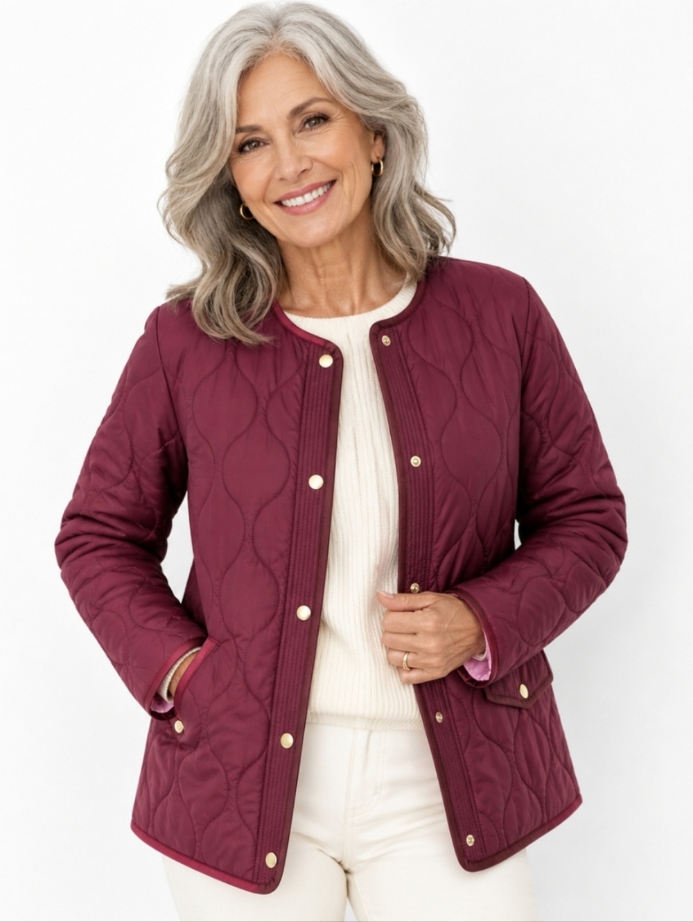Talbots Quilted Collarless Burgundy Coat (SIZE:MED)